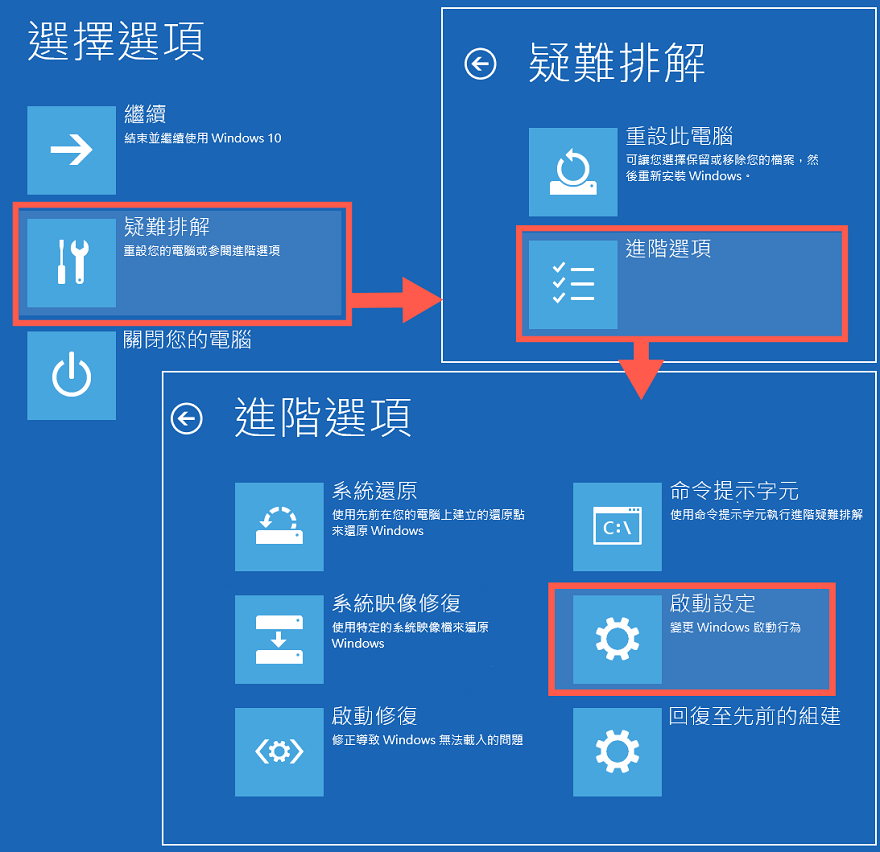 疑難排解-進階選項-啟動設定