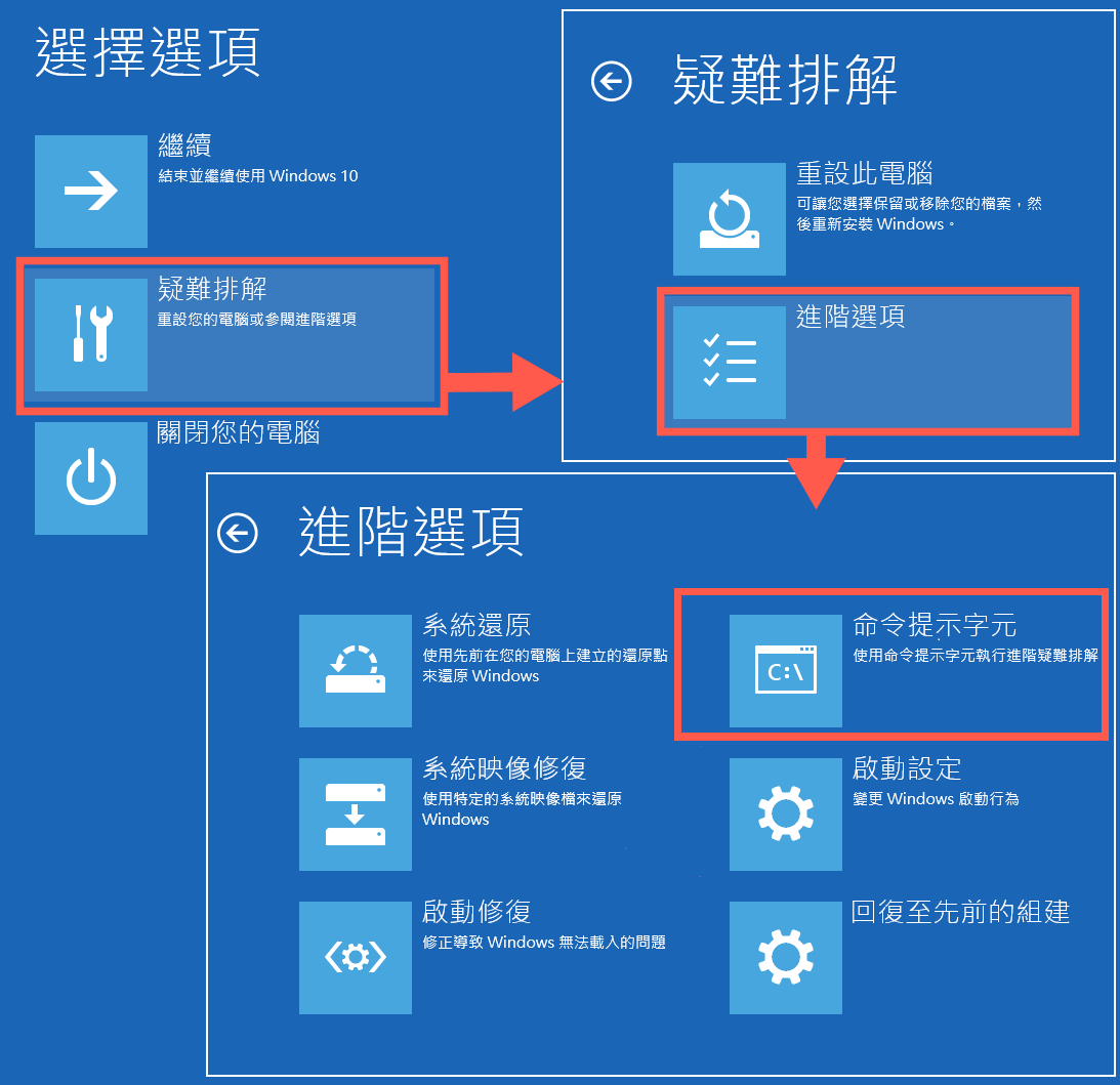 疑難排解-進階選項-命令提示字元