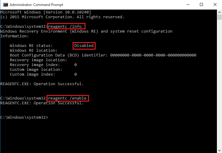 命令reagentc /enable以啟用恢復環境