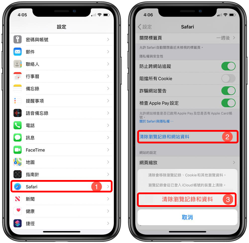 iPhone設定-Safari-清除瀏覽記錄和網站資料