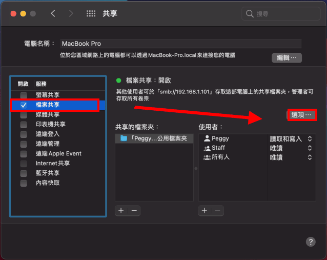 mac系統偏好設定-共享-檔案共享-選項