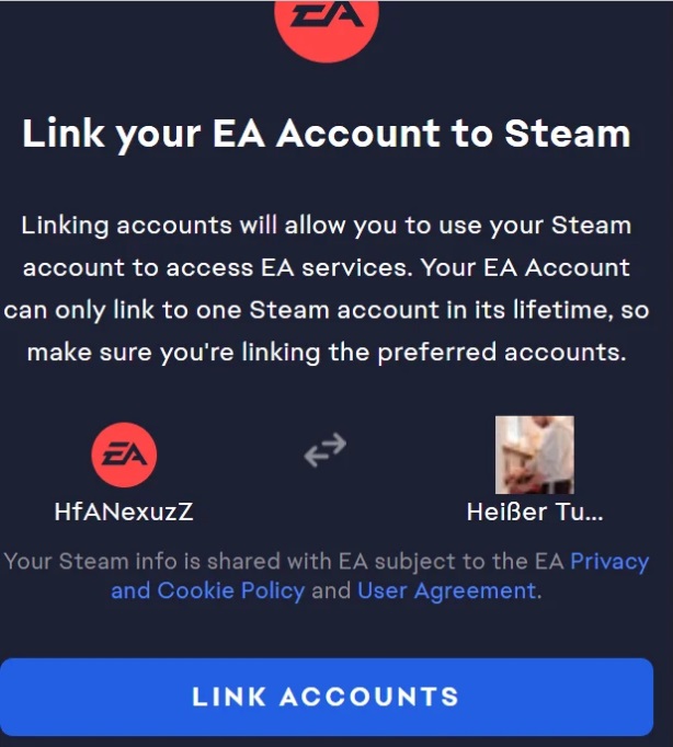 您將 EA 帳戶連結到 Steam