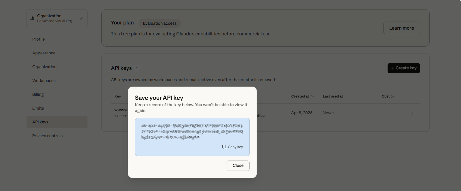 claude home page-creat api key-copy