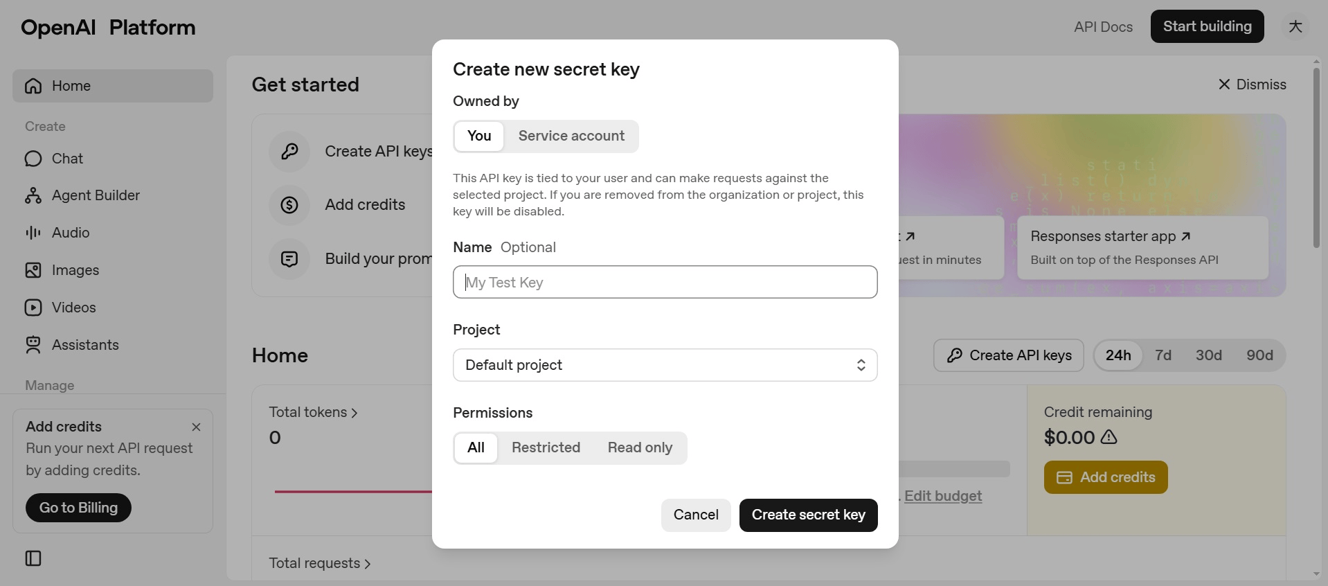 openai-Create API key