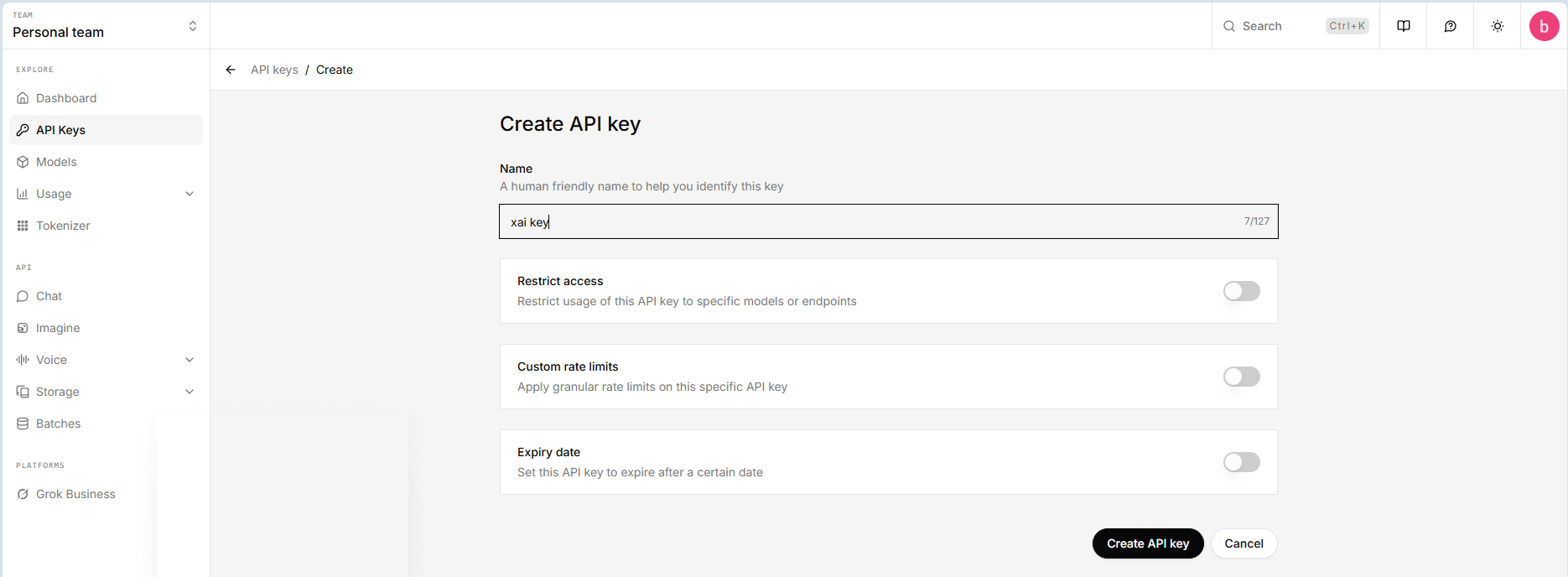 xAI home page-api key 2